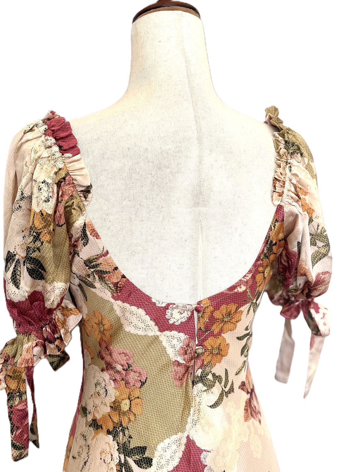 Dresses: Patchwork Floral Bow Tie Puff Sleeve Dress (Fall Colors)