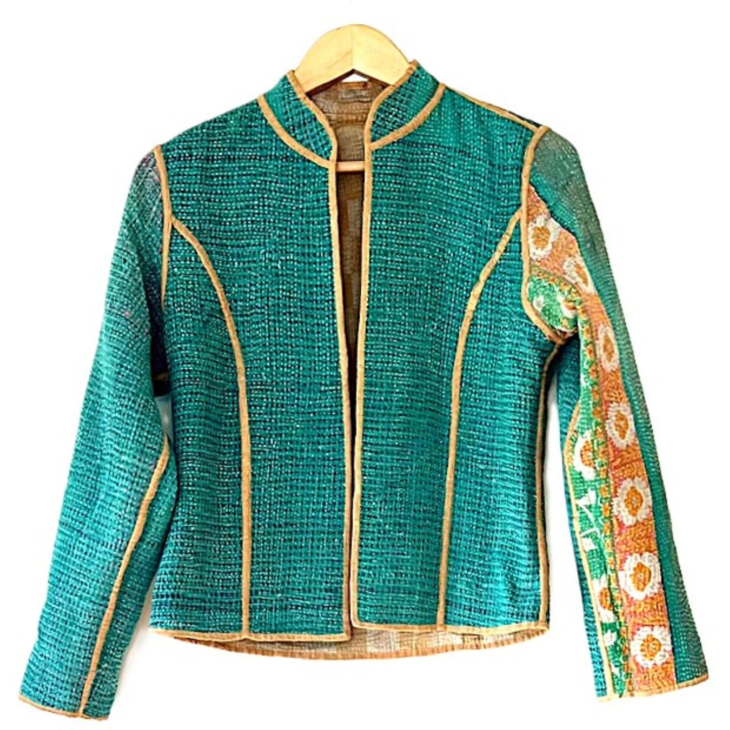 Jacket: Fully Reversible Short Quilted With Kantha Stitching. (Bronze, Green)