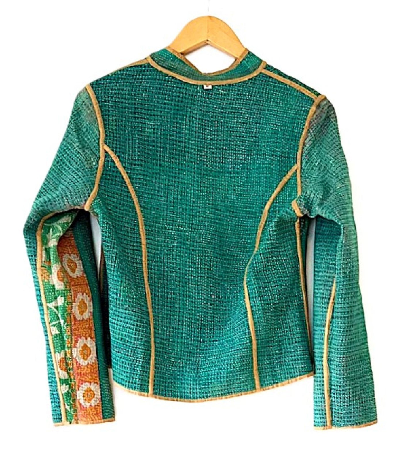 Jacket: Fully Reversible Short Quilted With Kantha Stitching. (Bronze, Green)