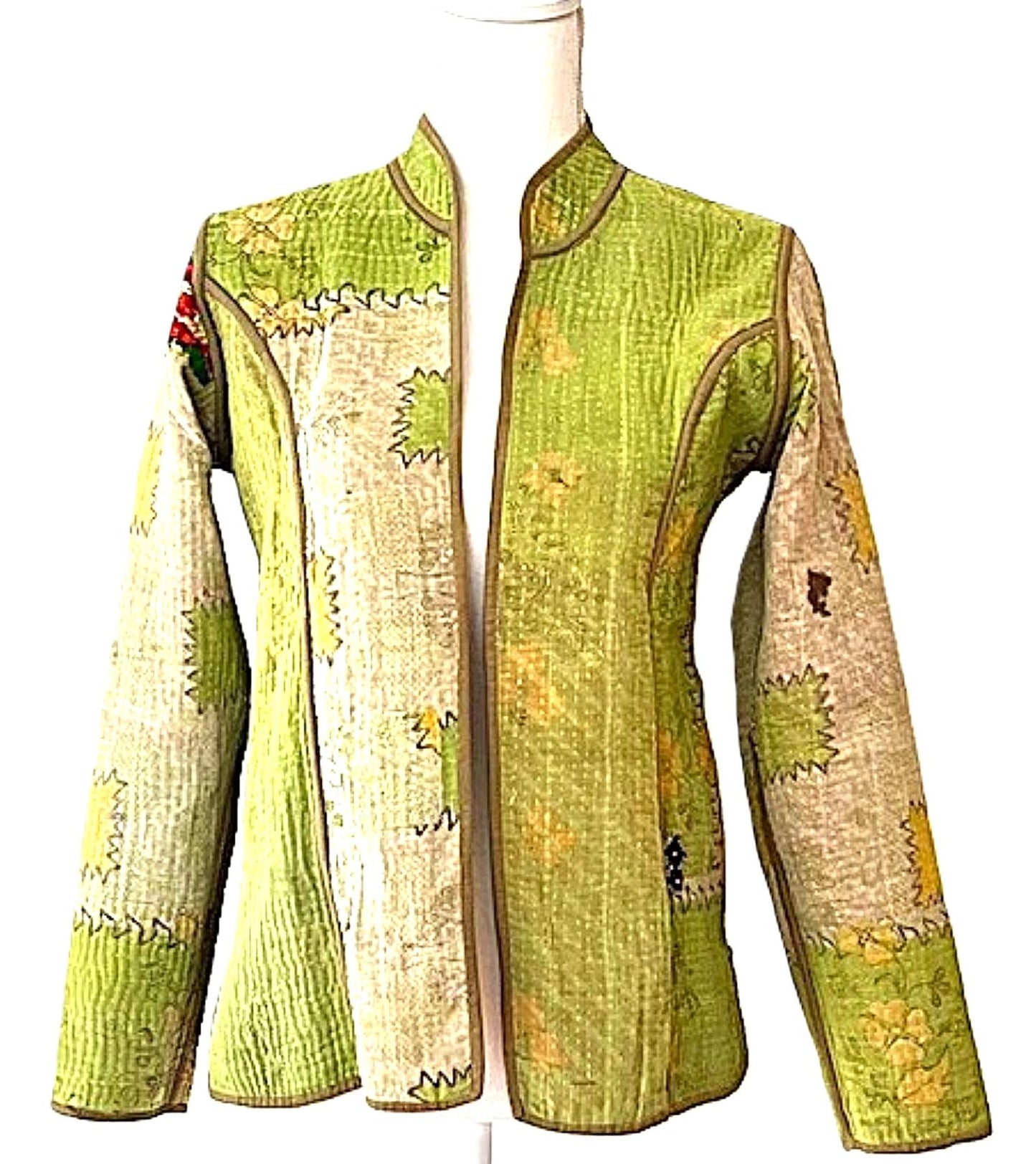 Jacket: Fully Reversible Short Quilted With Kantha Stitching. Fashion Piece.
