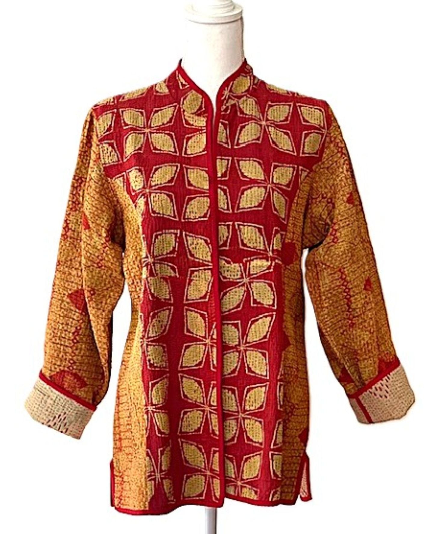 Jacket, Fully Reversible Short Quilted With Kantha Stitching. (Bronze, Red)