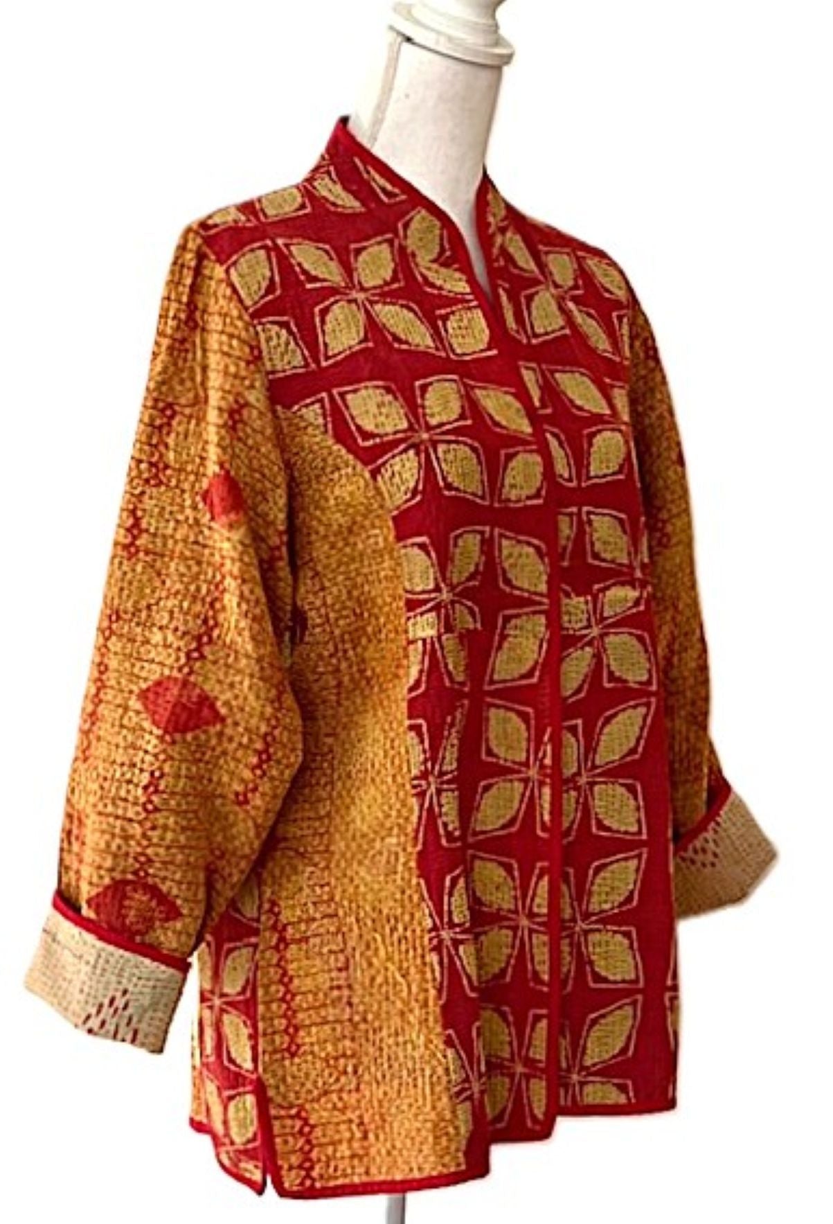 Jacket, Fully Reversible Short Quilted With Kantha Stitching. (Bronze, Red)