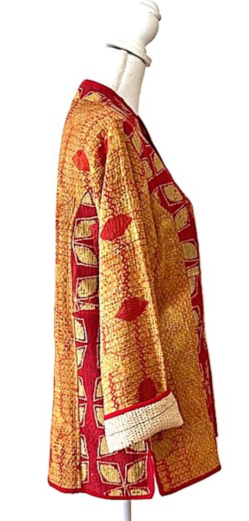 Jacket, Fully Reversible Short Quilted With Kantha Stitching. (Bronze, Red)
