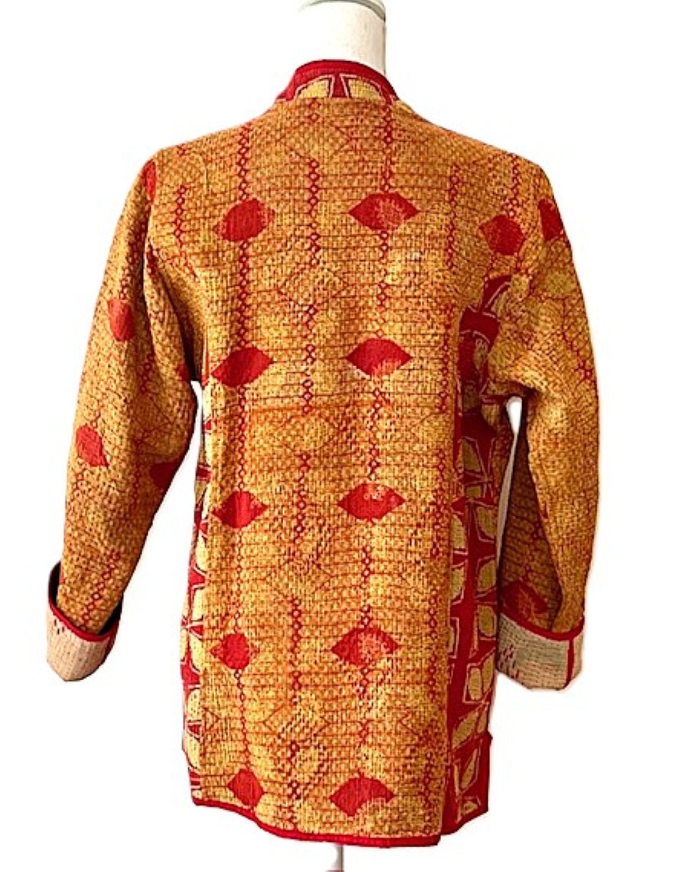 Jacket, Fully Reversible Short Quilted With Kantha Stitching. (Bronze, Red)