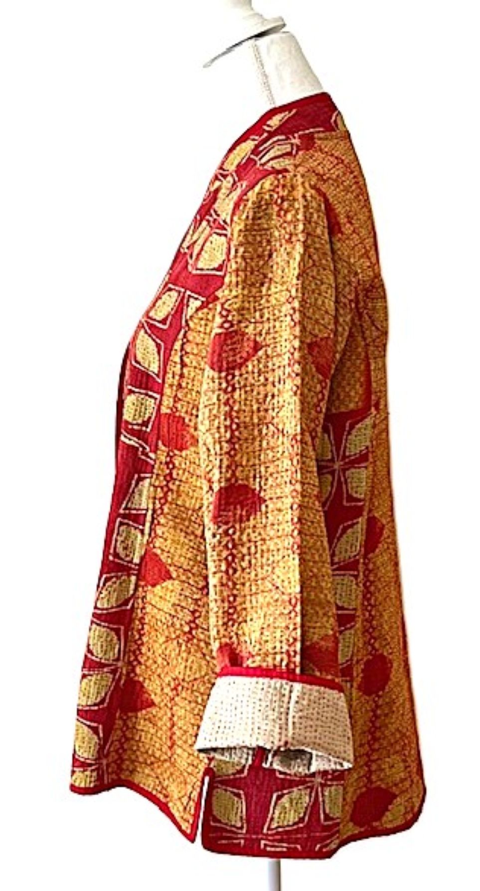 Jacket, Fully Reversible Short Quilted With Kantha Stitching. (Bronze, Red)