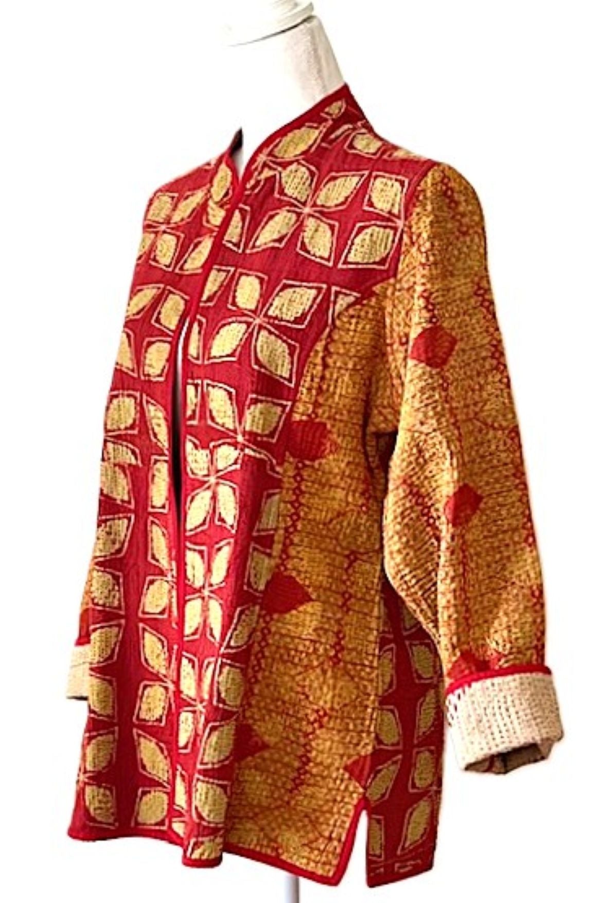 Jacket, Fully Reversible Short Quilted With Kantha Stitching. (Bronze, Red)