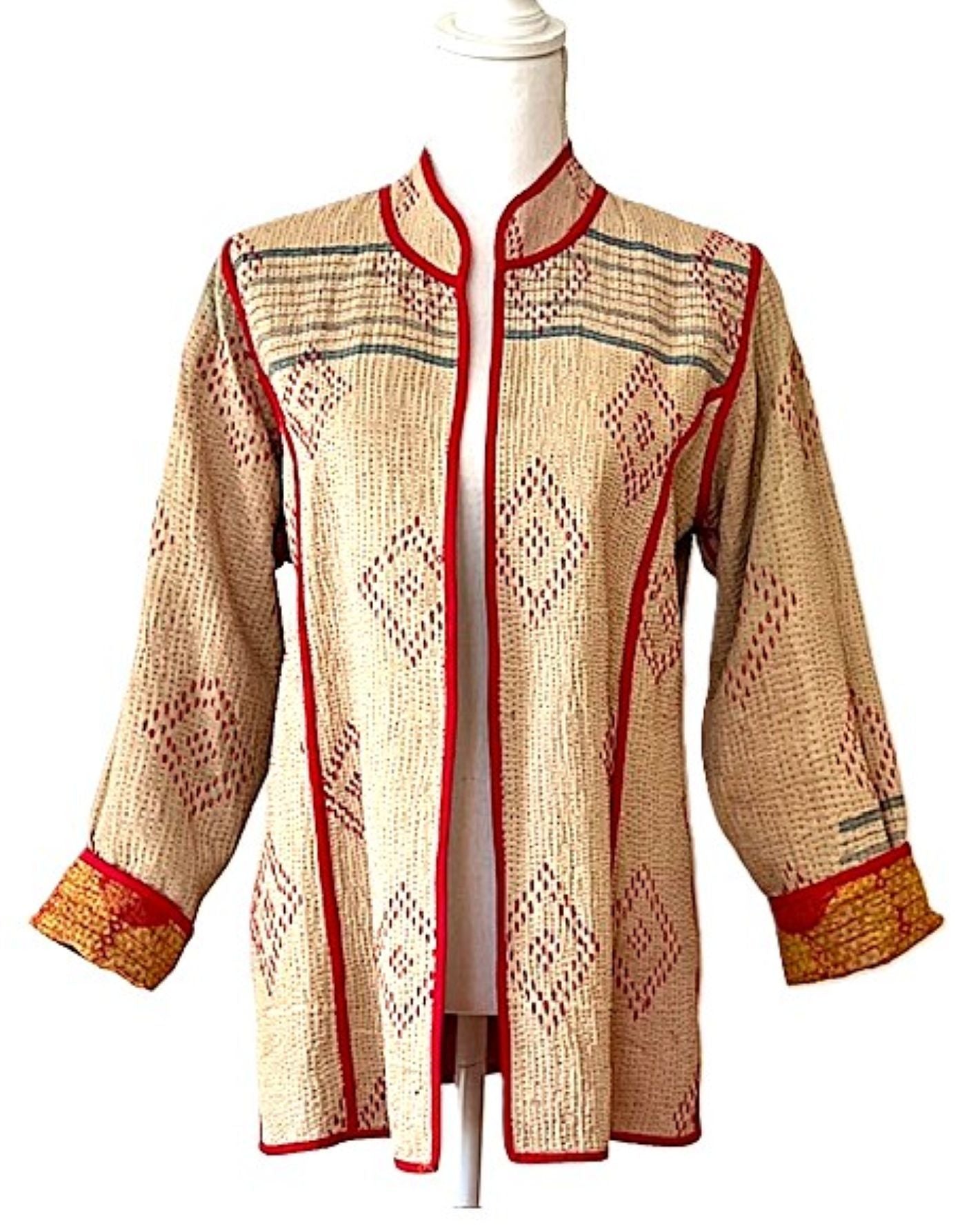 Jacket, Fully Reversible Short Quilted With Kantha Stitching. (Bronze, Red)
