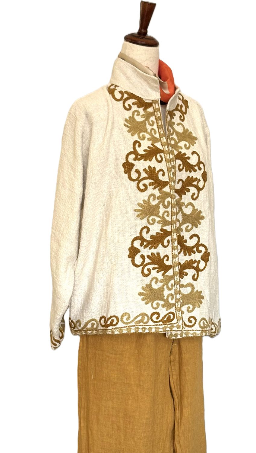 Specialty Collection: Easy, Tailored Short Jacket, Hand Embroidered. (Cream Gold)