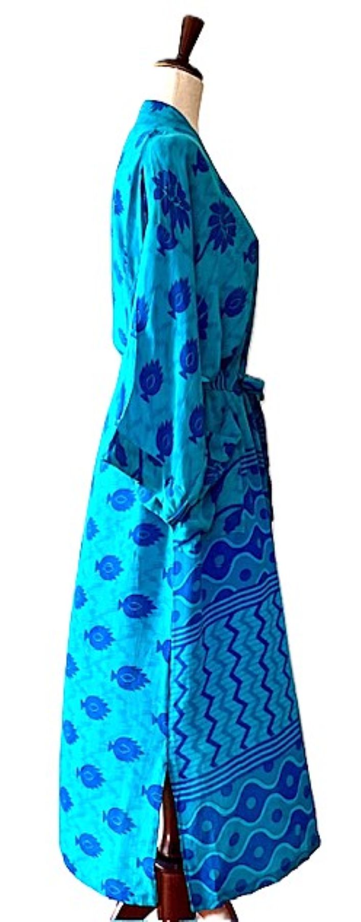 Luxurious Rich Silk Long Kimono Duster. Glamorous (Turquoise)