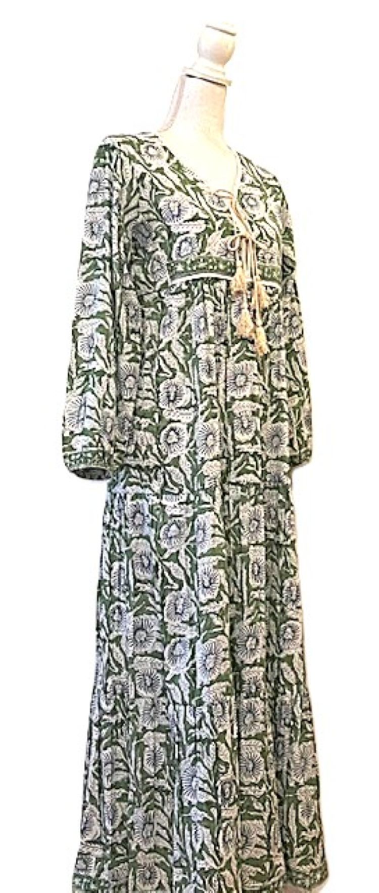 Traditional Long Cotton Maxi Dress, Floral Green
