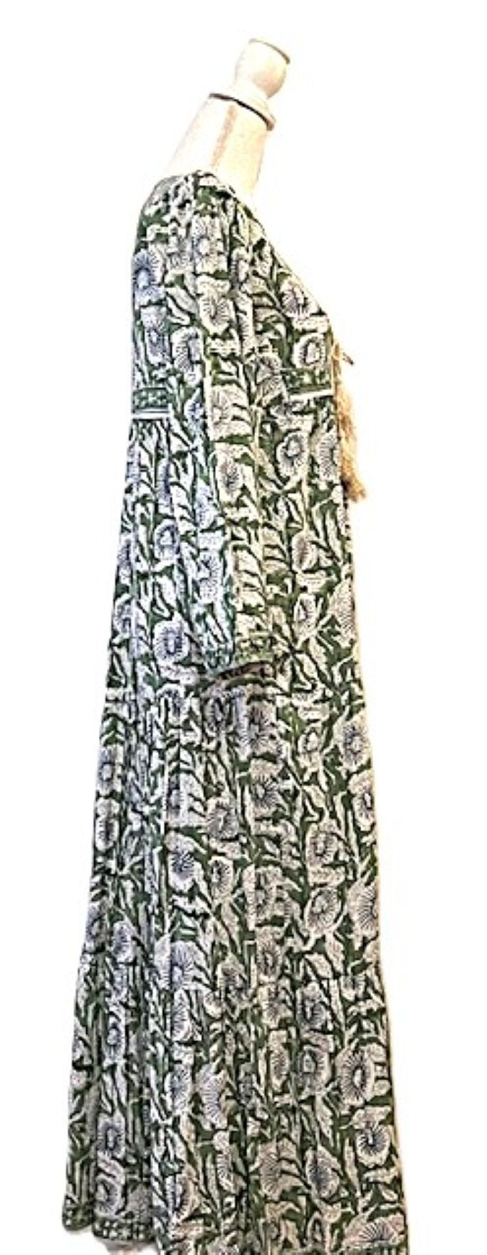 Traditional Long Cotton Maxi Dress, Floral Green