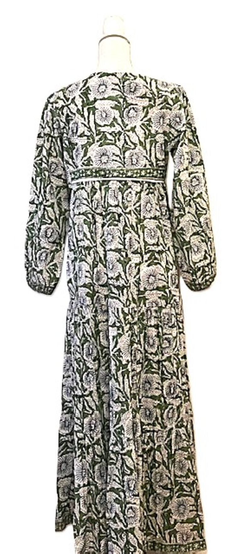 Traditional Long Cotton Maxi Dress, Floral Green