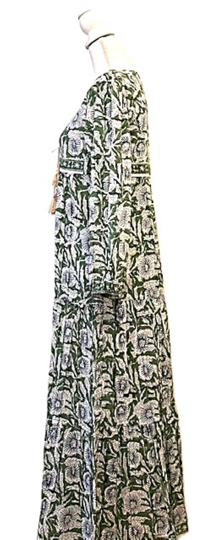 Traditional Long Cotton Maxi Dress, Floral Green