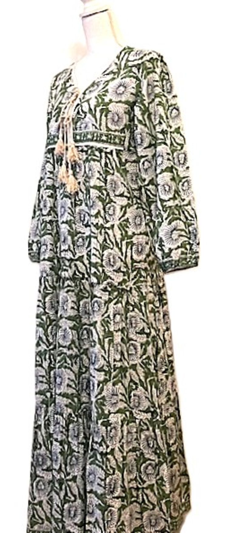 Traditional Long Cotton Maxi Dress, Floral Green