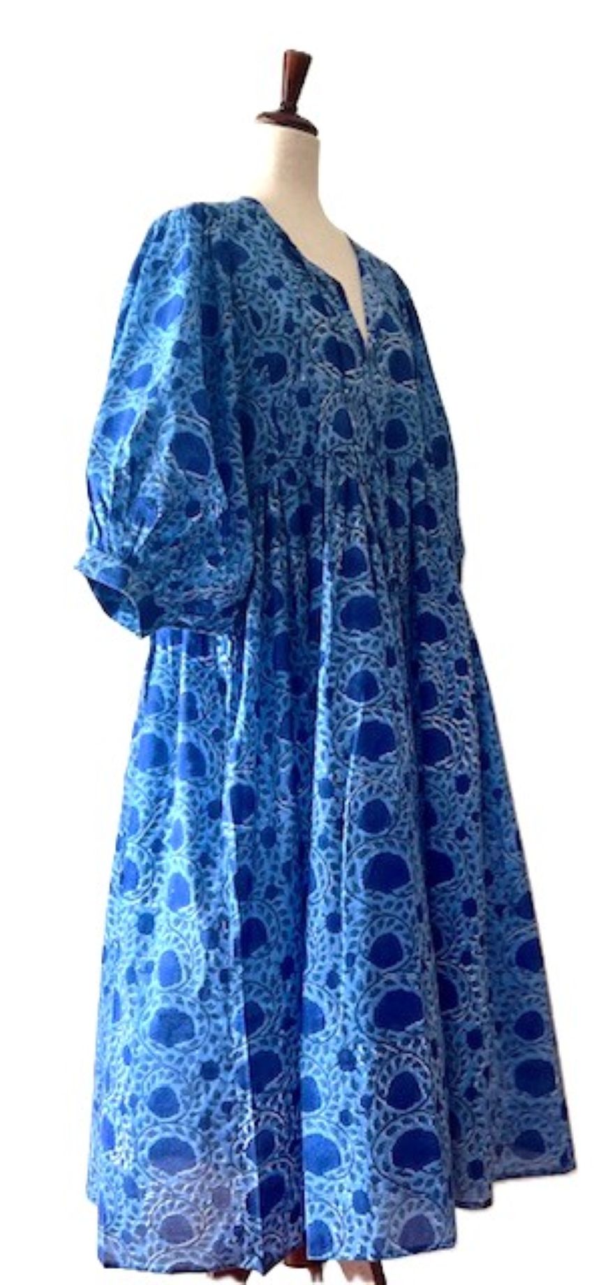 Dresses: Floral Cotton Handblock Kyra Midi Dress is Boho Perfect. (Blue)