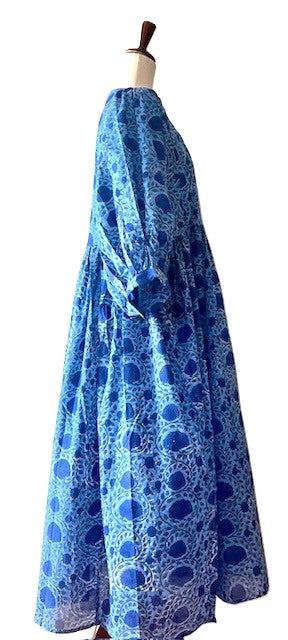 Dresses: Floral Cotton Handblock Kyra Midi Dress is Boho Perfect. (Blue)