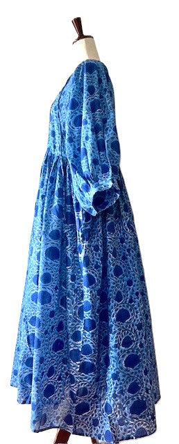 Dresses: Floral Cotton Handblock Kyra Midi Dress is Boho in (Blue)
