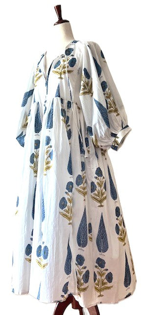 Dresses: Floral Cotton Handblock Kyra Midi Dress is Boho in (Blue on White)