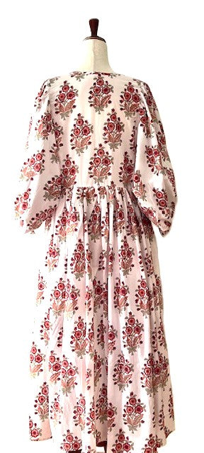 Dresses: Floral Cotton Handblock Kyra Midi Dress is Boho in (Red on White)