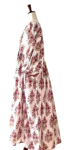 Dresses: Floral Cotton Handblock Kyra Midi Dress is Boho in (Red on White)