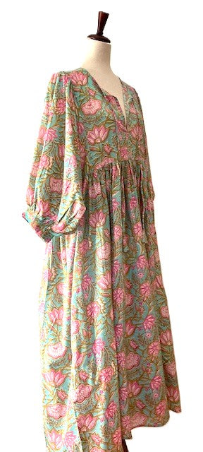 Dresses: Floral Cotton Handblock Kyra Midi Dress is Boho in (Teal)