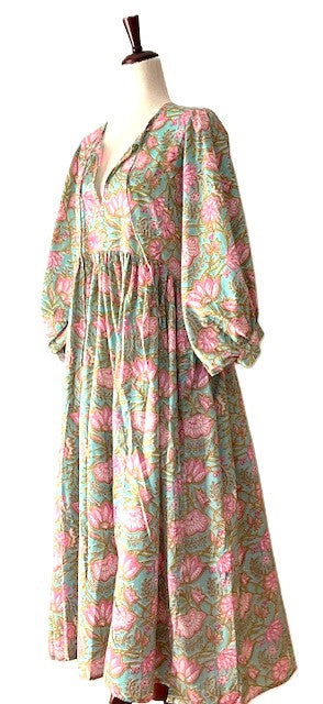 Dresses: Floral Cotton Handblock Kyra Midi Dress is Boho in (Teal)