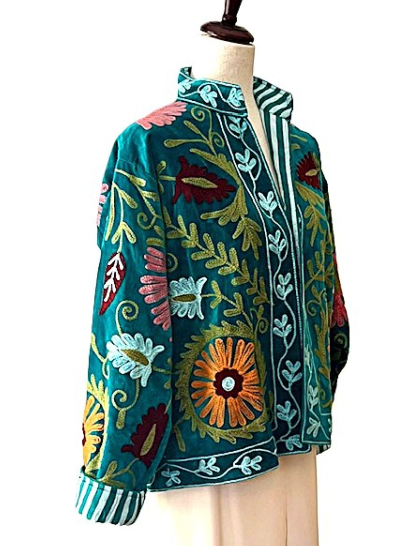 Jacket, Wearable Art In This Hand Embroidered Velvet Short Jacket, Fully Reversible. (Teal)