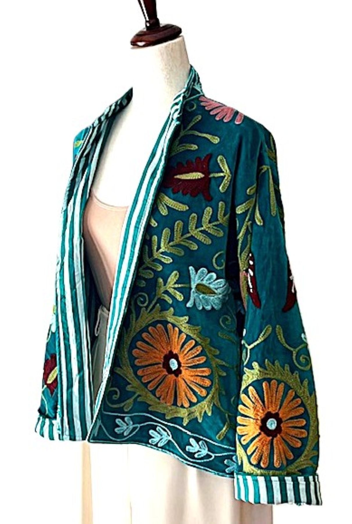 Jacket, Wearable Art In This Hand Embroidered Velvet Short Jacket, Fully Reversible. (Teal)