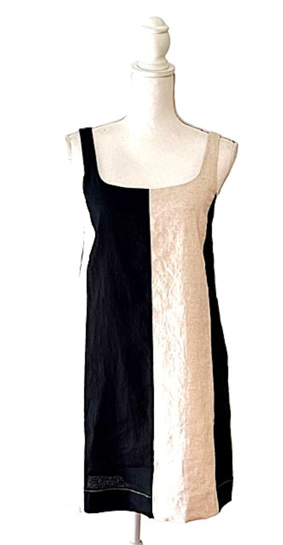 Strappy Color Block Linen Mini Dress.(Black Cream)
