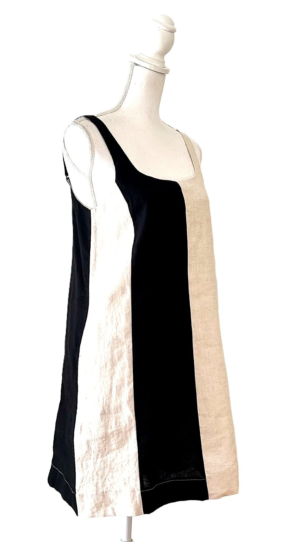 Strappy Color Block Linen Mini Dress.(Black Cream)