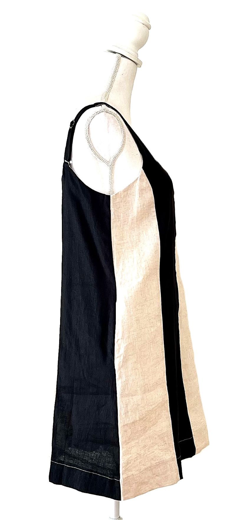 Strappy Color Block Linen Mini Dress.(Black Cream)