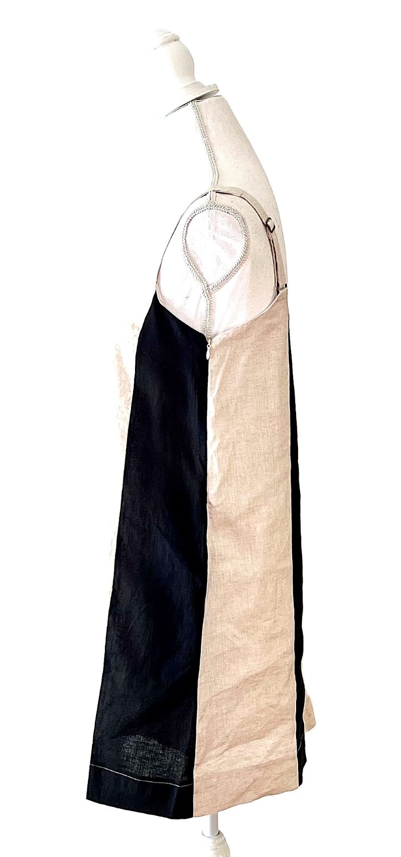 Strappy Color Block Linen Mini Dress.(Black Cream)