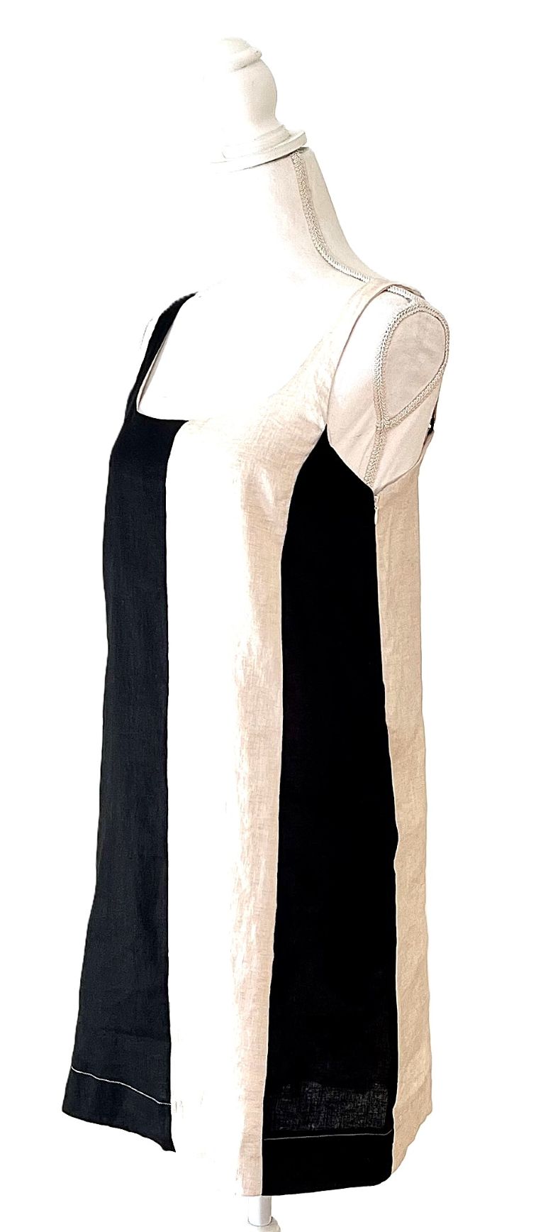 Strappy Color Block Linen Mini Dress.(Black Cream)