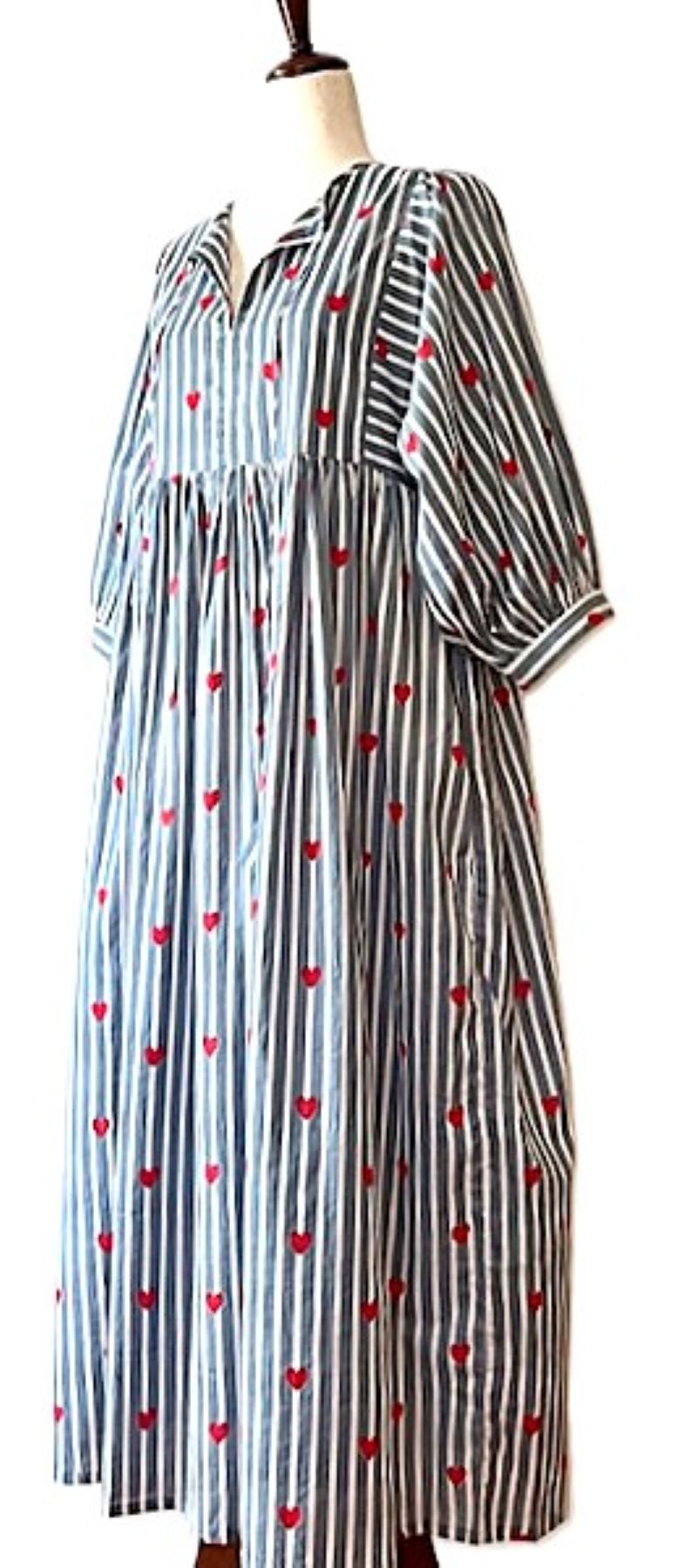 Dresses: Striped Cotton Handblocked Midi Dress With A Twist (Navy)
