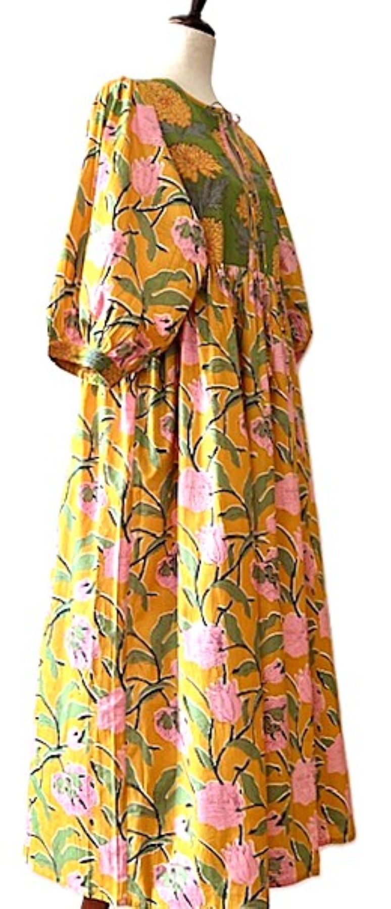 Dresses: Transitional Floral Print Cotton Handblocked Midi. Two Tone.
