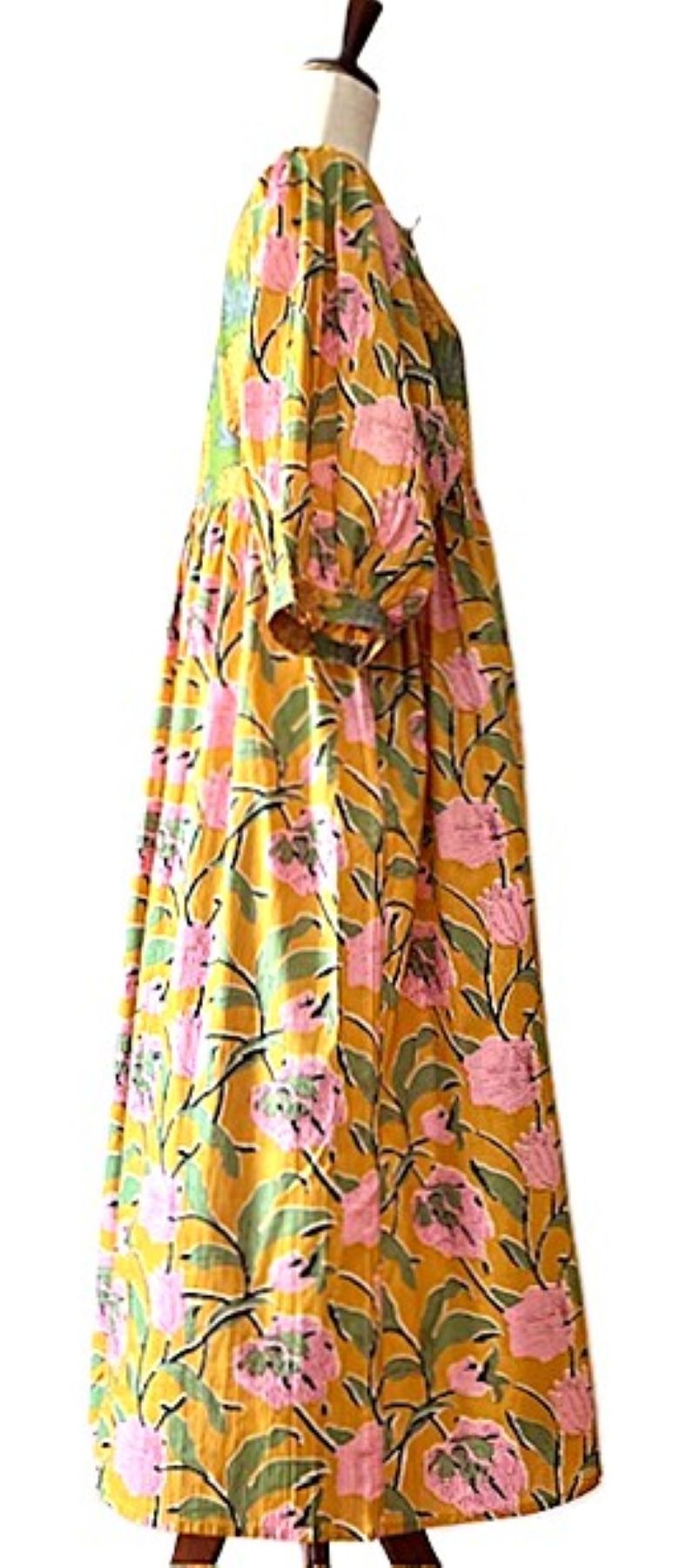 Dresses: Transitional Floral Print Cotton Handblocked Midi. Two Tone.