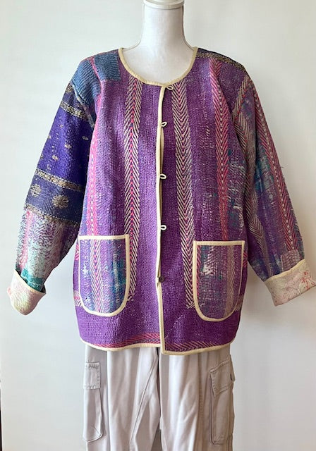 Jacket, Fully Reversible Short Quilted With Kantha Stitching. (Purple)