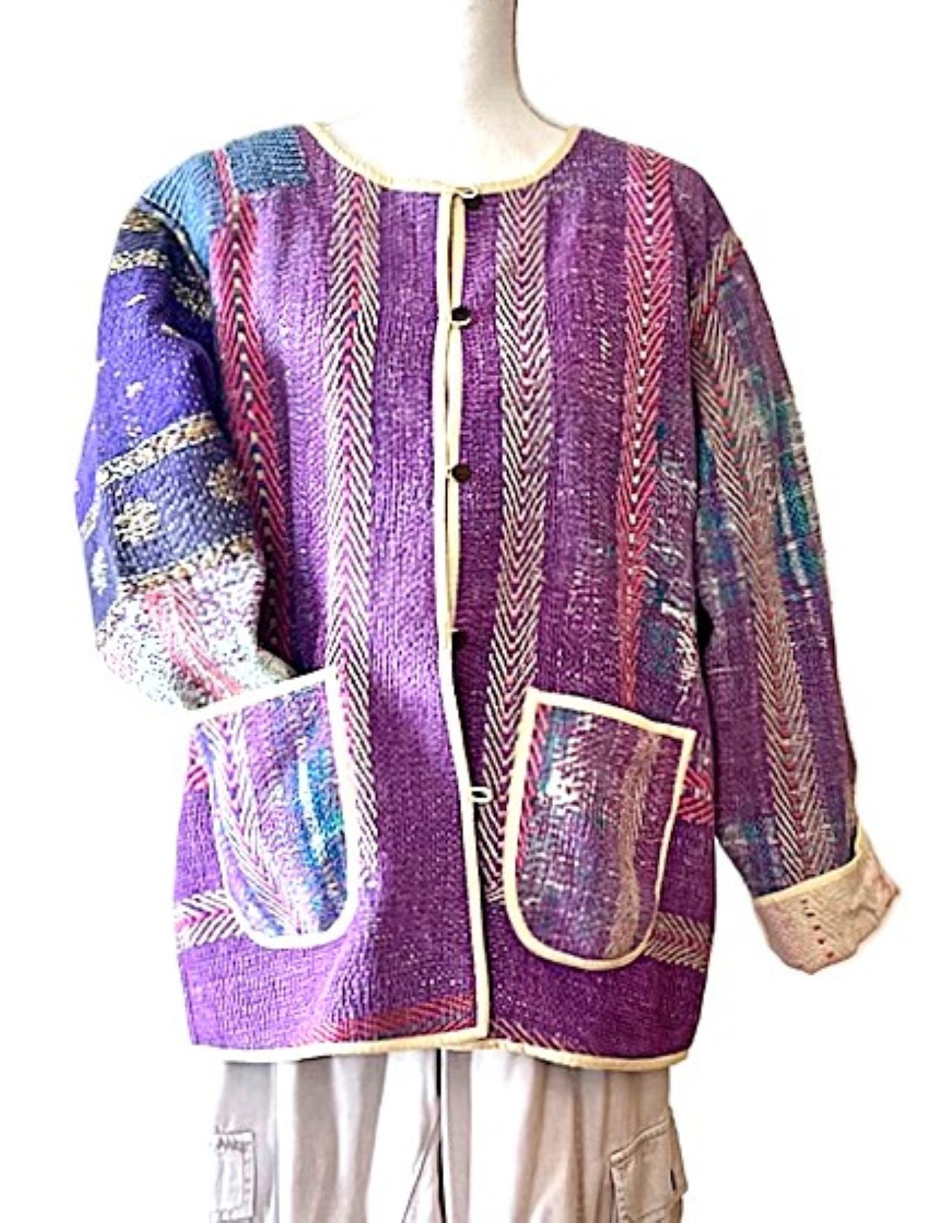 Jacket, Fully Reversible Short Quilted With Kantha Stitching. (Purple)