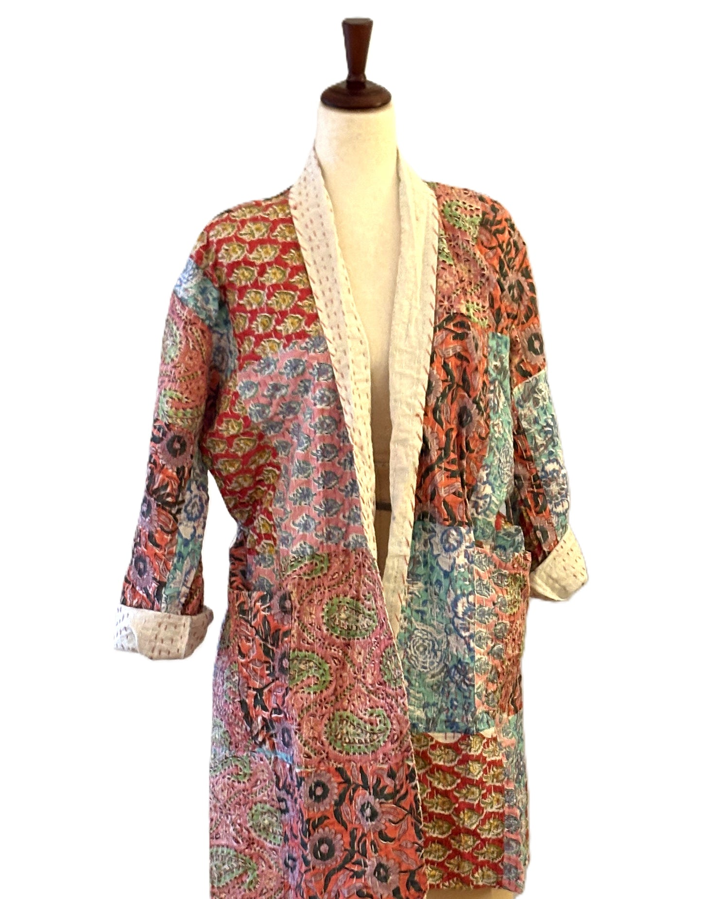 Cotton Patchwork Quilted Kimono Duster: Kantha Stitch