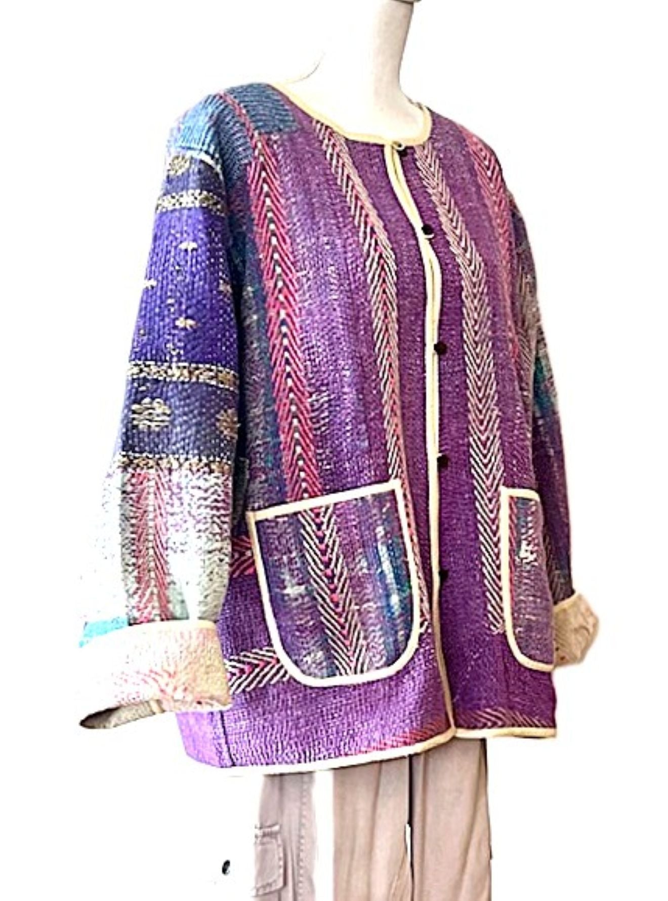 Jacket, Fully Reversible Short Quilted With Kantha Stitching. (Purple)