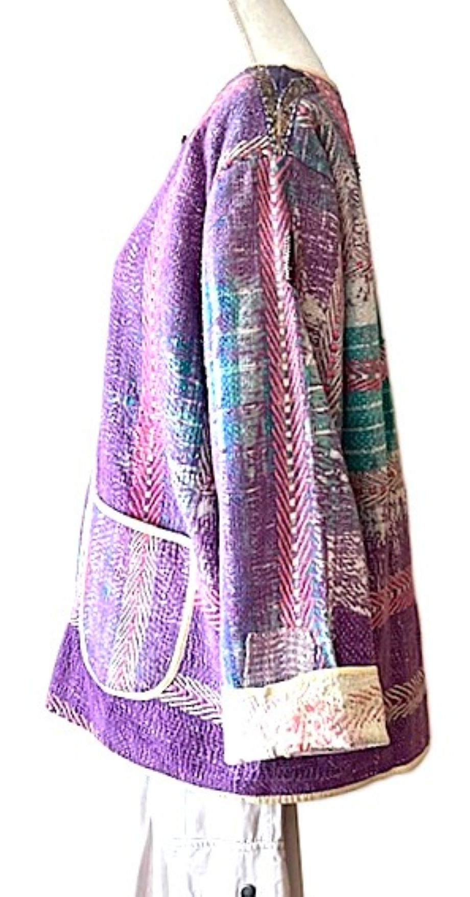 Jacket, Fully Reversible Short Quilted With Kantha Stitching. (Purple)