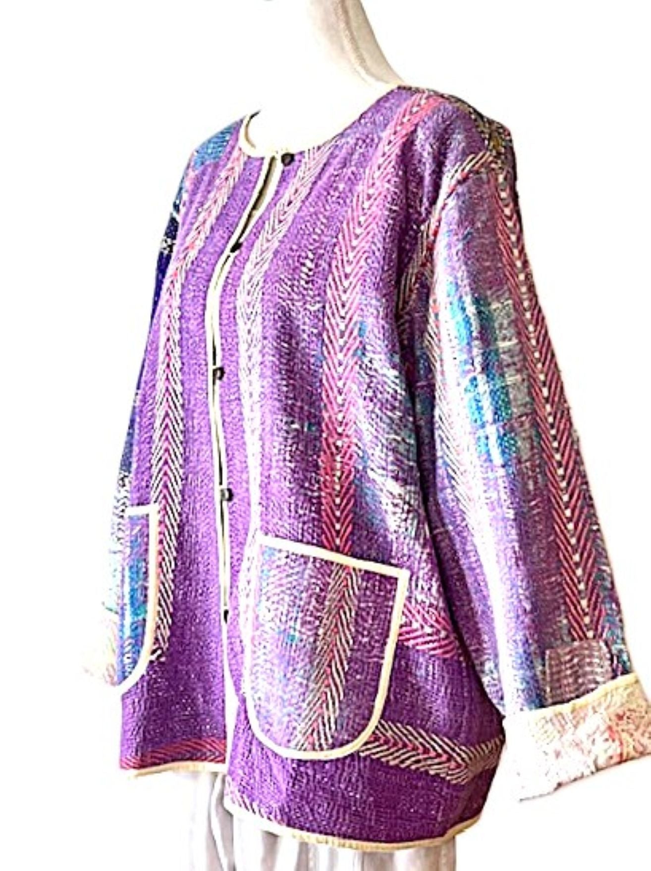 Jacket, Fully Reversible Short Quilted With Kantha Stitching. (Purple)