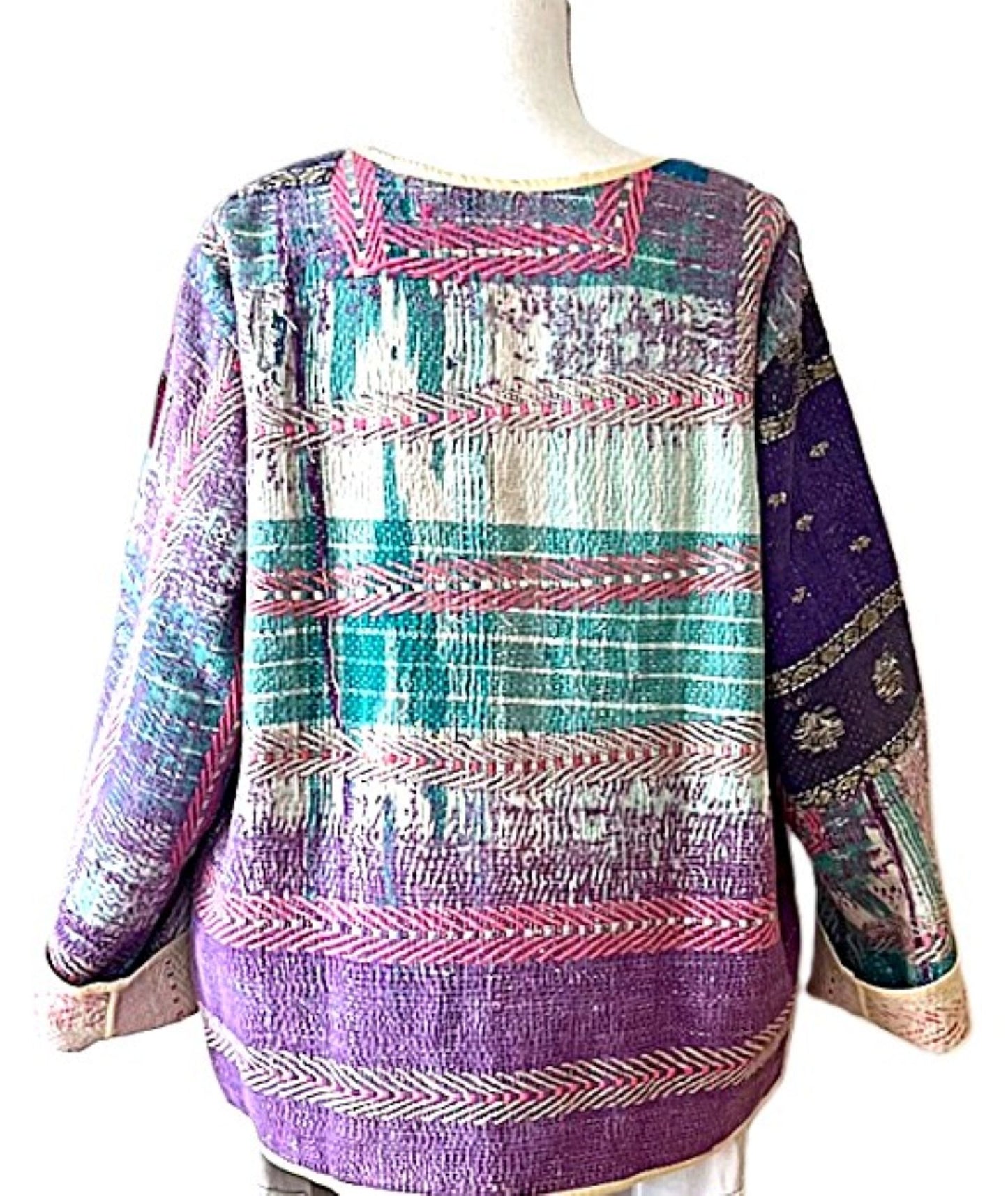 Jacket, Fully Reversible Short Quilted With Kantha Stitching. (Purple)