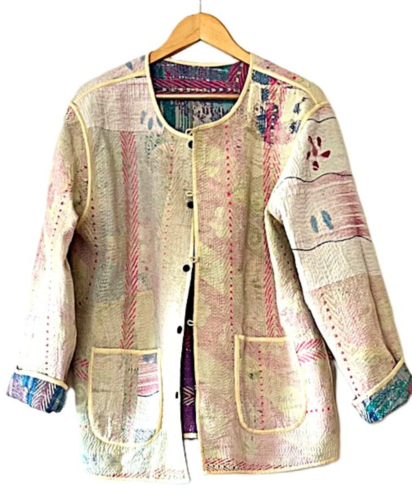 Jacket, Fully Reversible Short Quilted With Kantha Stitching. (Purple)