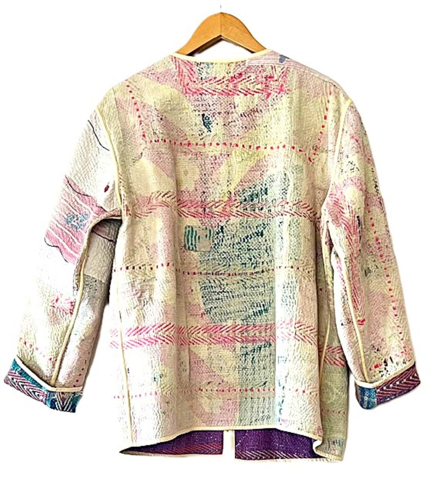 Jacket, Fully Reversible Short Quilted With Kantha Stitching. (Purple)