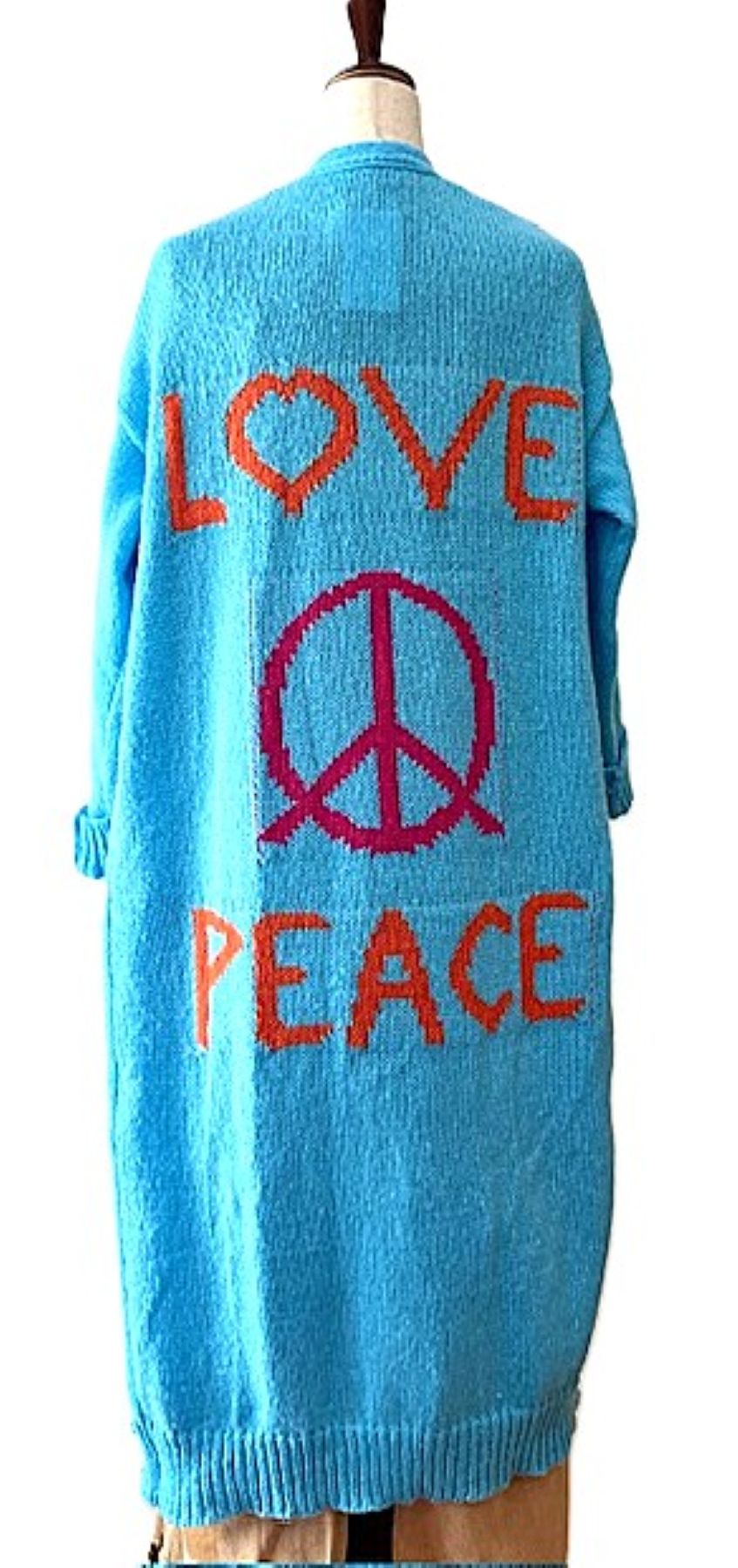 Jacket, Whimsical Love And Peace Knit Cardigan. Boho Fun. Available in 2 Colors.