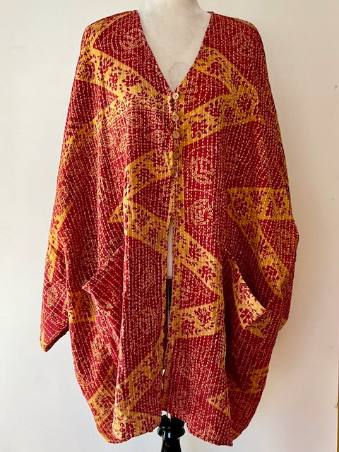 Ultra Lux Kantha Stitched Cotton Sari Split Tunic (Gold Band)