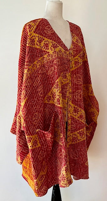 Ultra Lux Kantha Stitched Cotton Sari Split Tunic (Gold Band)