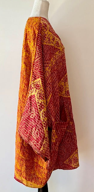 Ultra Lux Kantha Stitched Cotton Sari Split Tunic (Gold Band)
