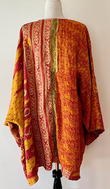 Ultra Lux Kantha Stitched Cotton Sari Split Tunic (Gold Band)